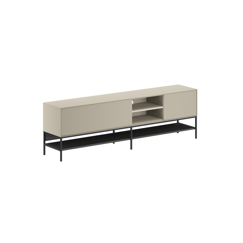 Modern TV stand with light grey cabinet, open shelves, and black metal legs