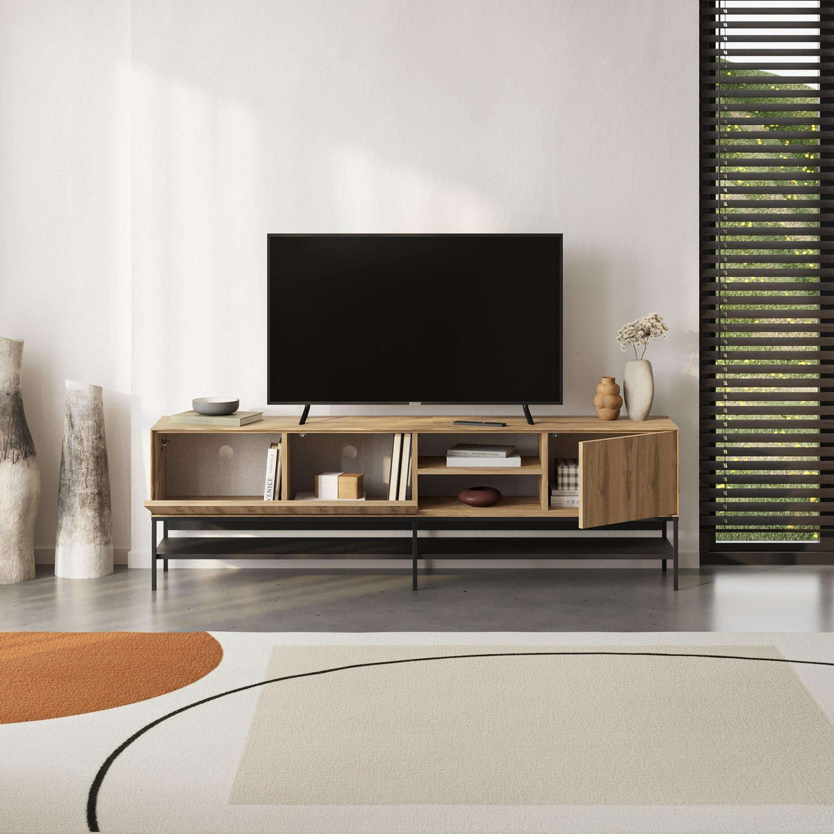 Modern TV stand with light wood open shelving for media and drawer sections