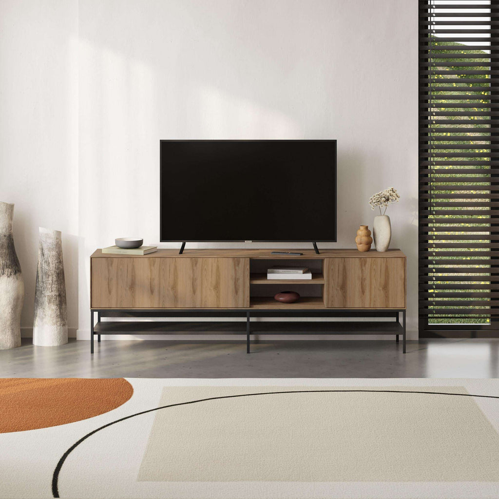 Modern TV stand in light wood with open shelves and two drawers