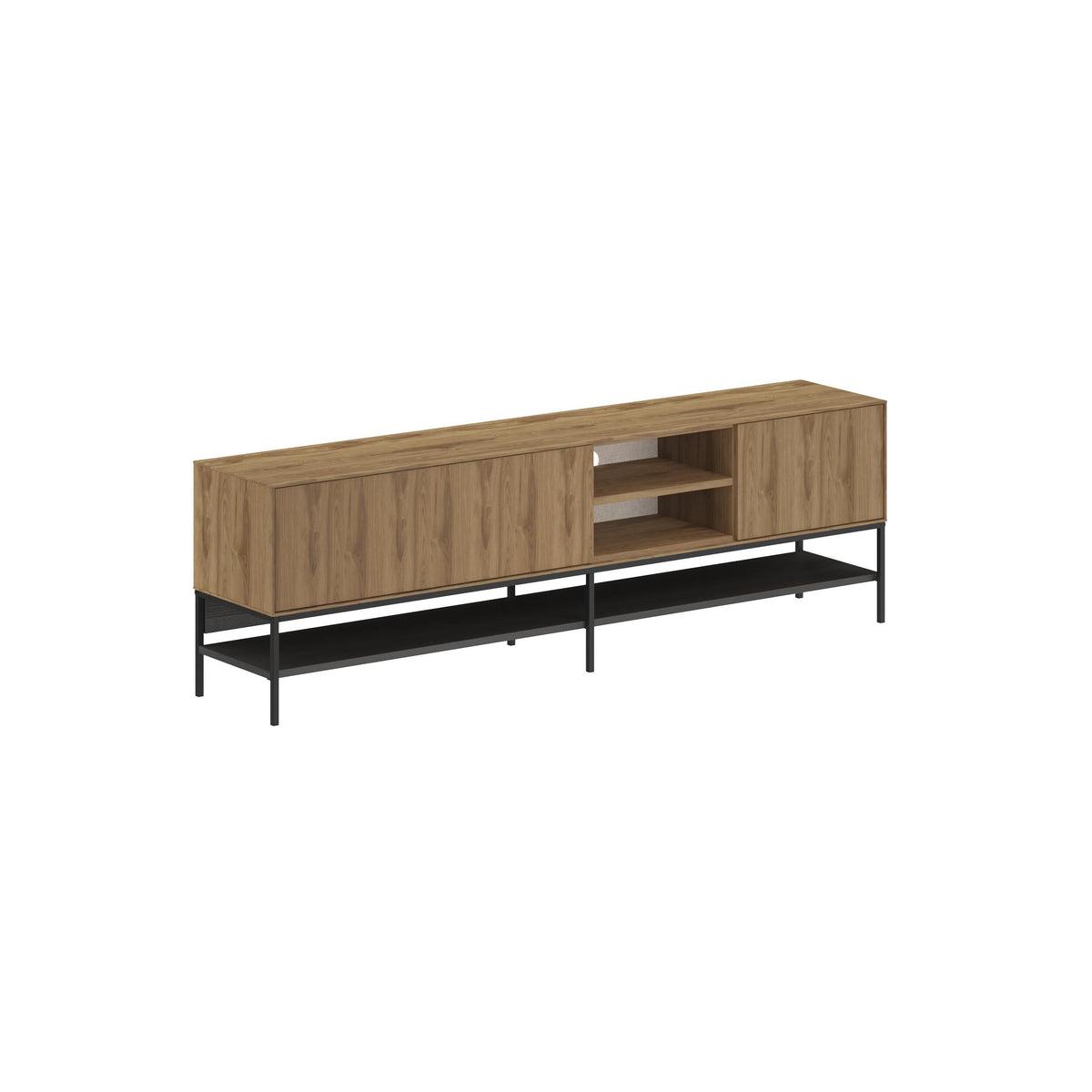 Modern TV stand with wood top, long drawer front, and black metal legs
