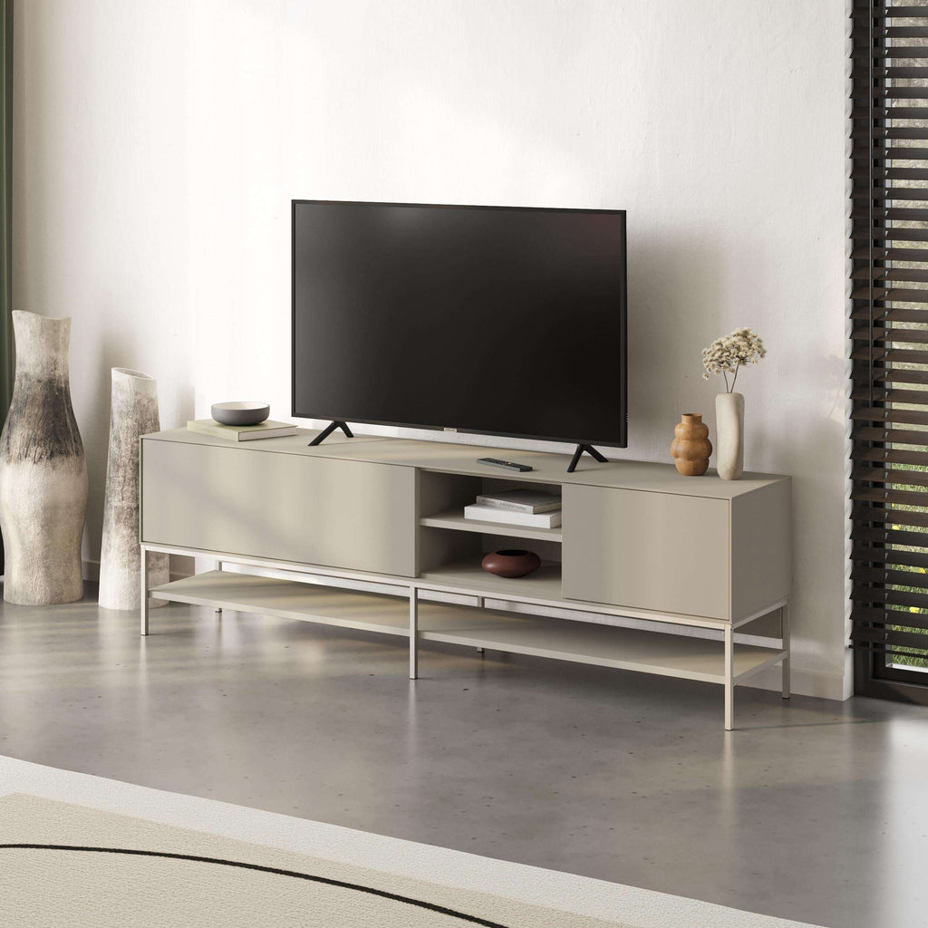 Amira TV unit with open shelves and side compartments in light grey with metal legs