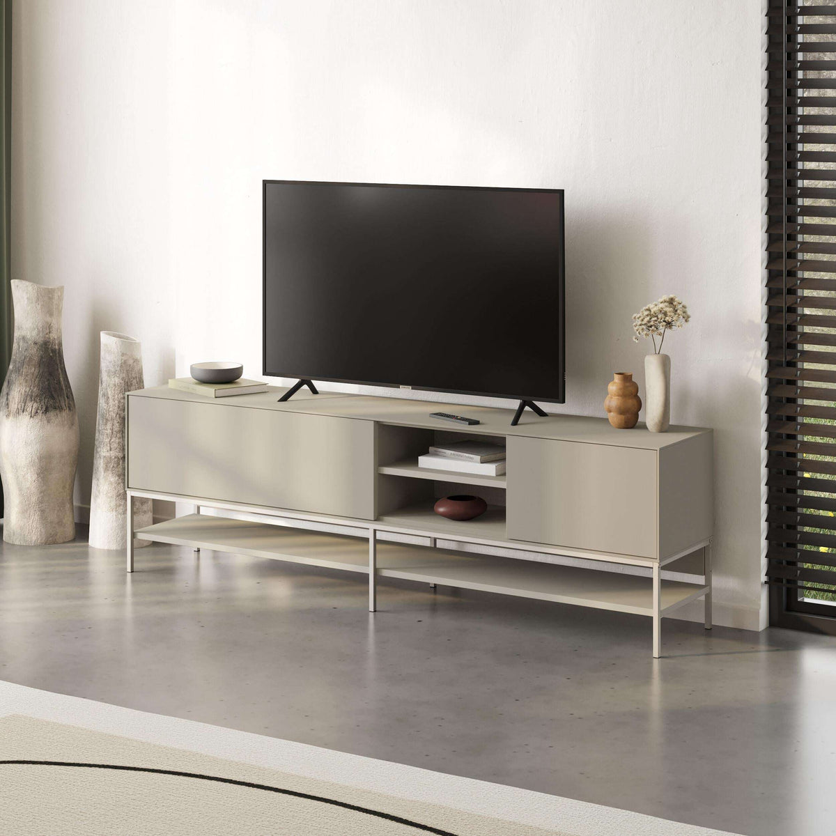 Amira TV unit with open shelves and side compartments in light grey with metal legs