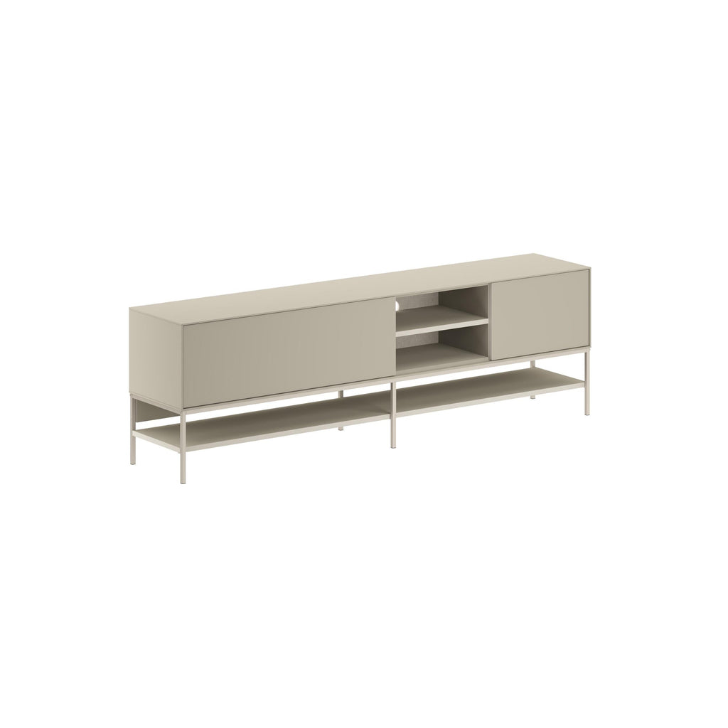 Amira TV unit front view with long drawer and open shelves, light sandstone finish