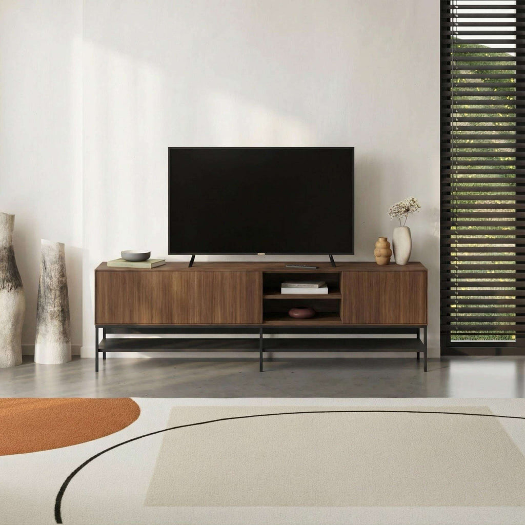 Amira TV unit with TV shelves, light wood doors and black metal underframe