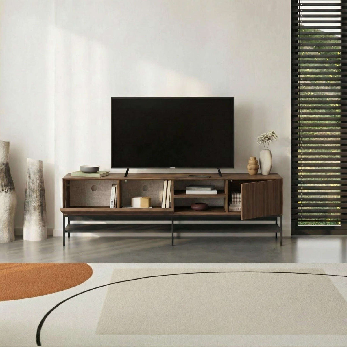 Amira TV unit with TV stand shelves, medium wood finish and black metal base
