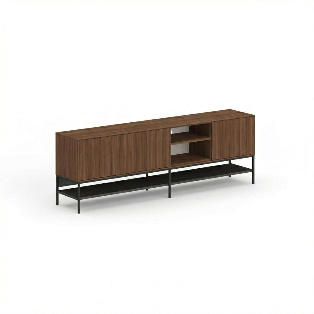 Amira TV unit in dark wood with open center shelf and black metal legs