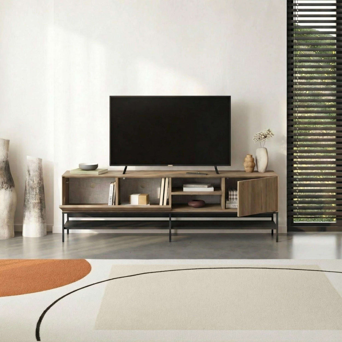 Modern TV unit with storage, light wood top, black metal frame and open shelves
