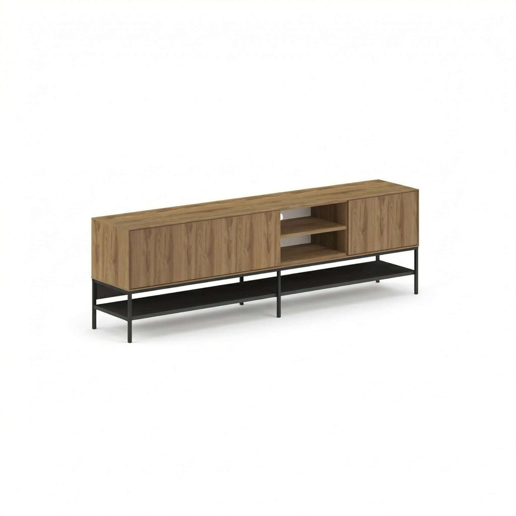 Amira TV unit in natural wood with two cabinet doors, open media niche, black legs