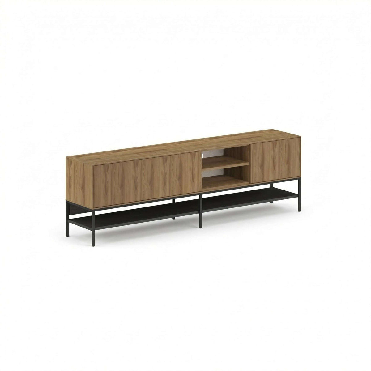 Amira TV unit in natural wood with two cabinet doors, open media niche, black legs