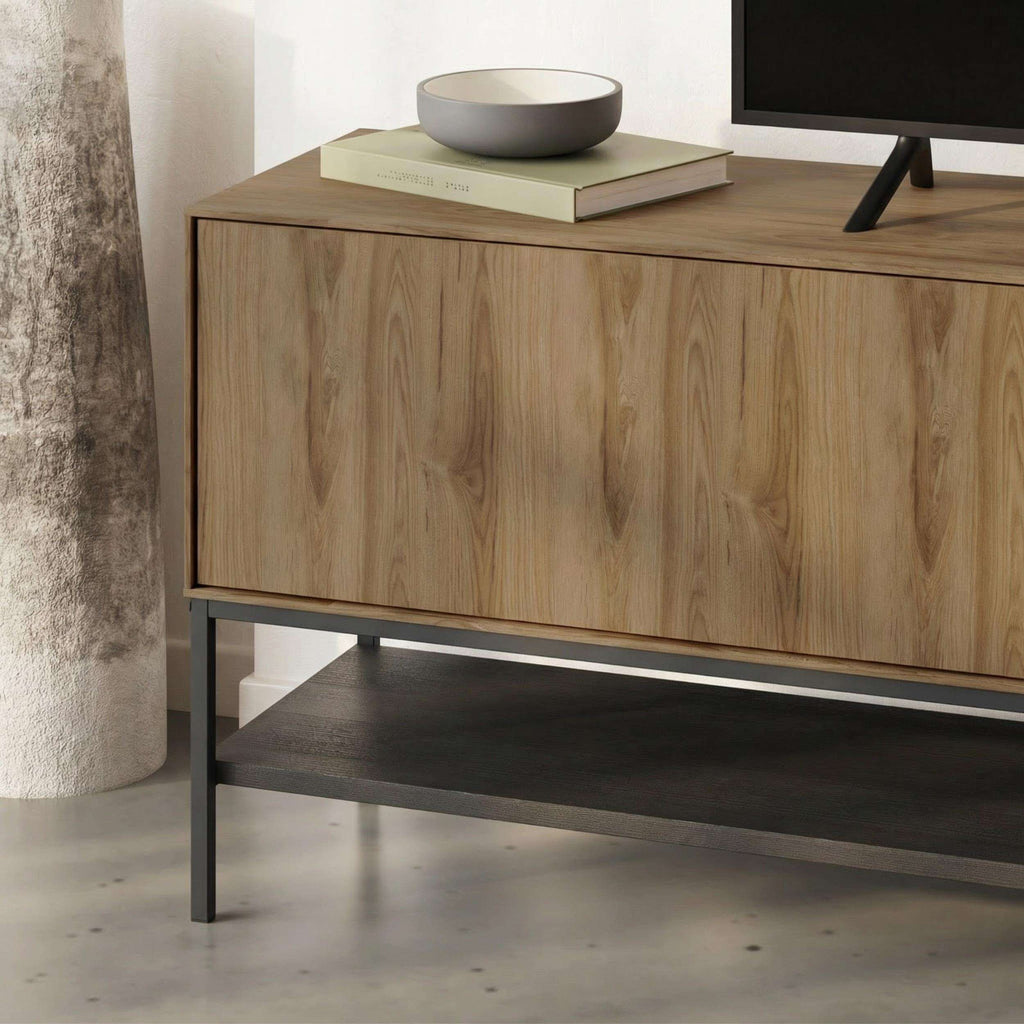 Amira TV unit close-up of light wood cabinet with open shelf under panel