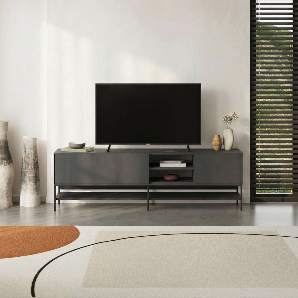 Modern TV unit with storage, dark grey panels and black metal base
