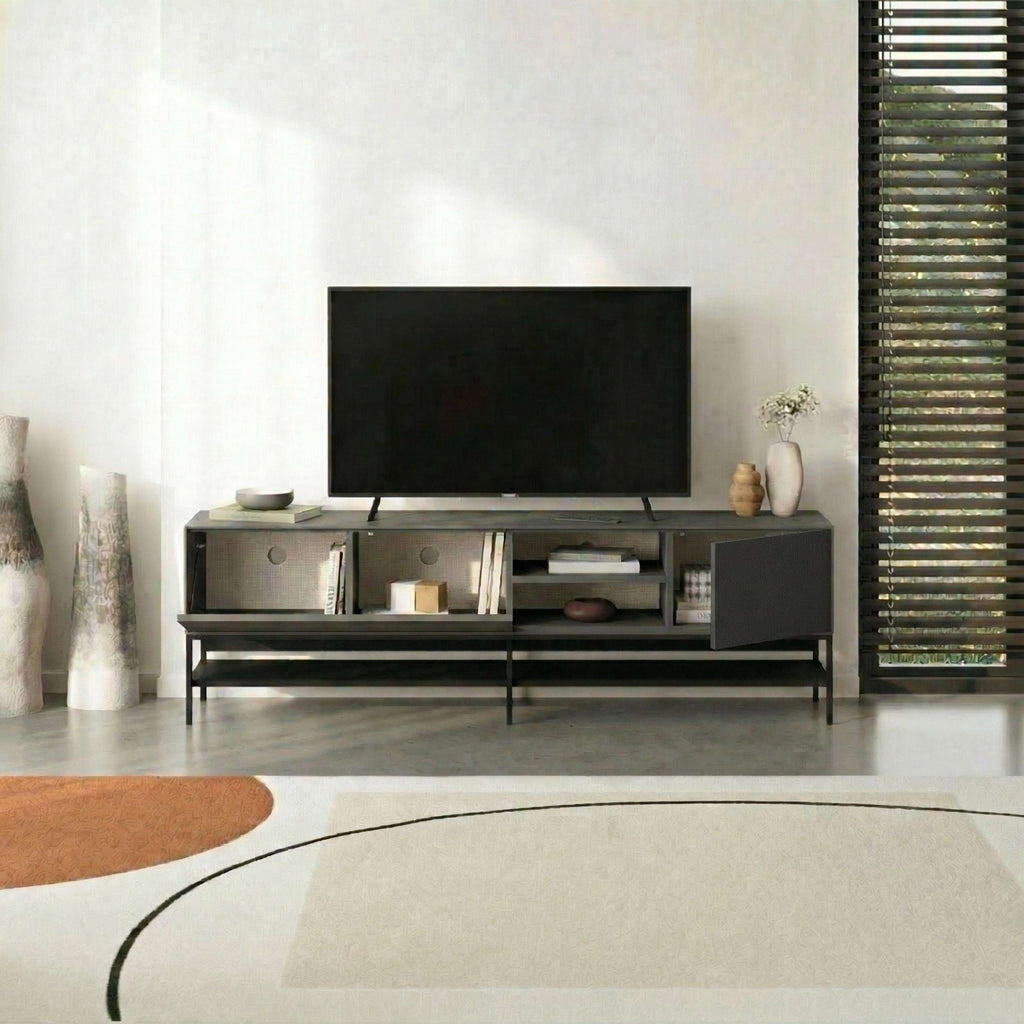 Modern TV unit with storage, dark wood panels and black metal frame