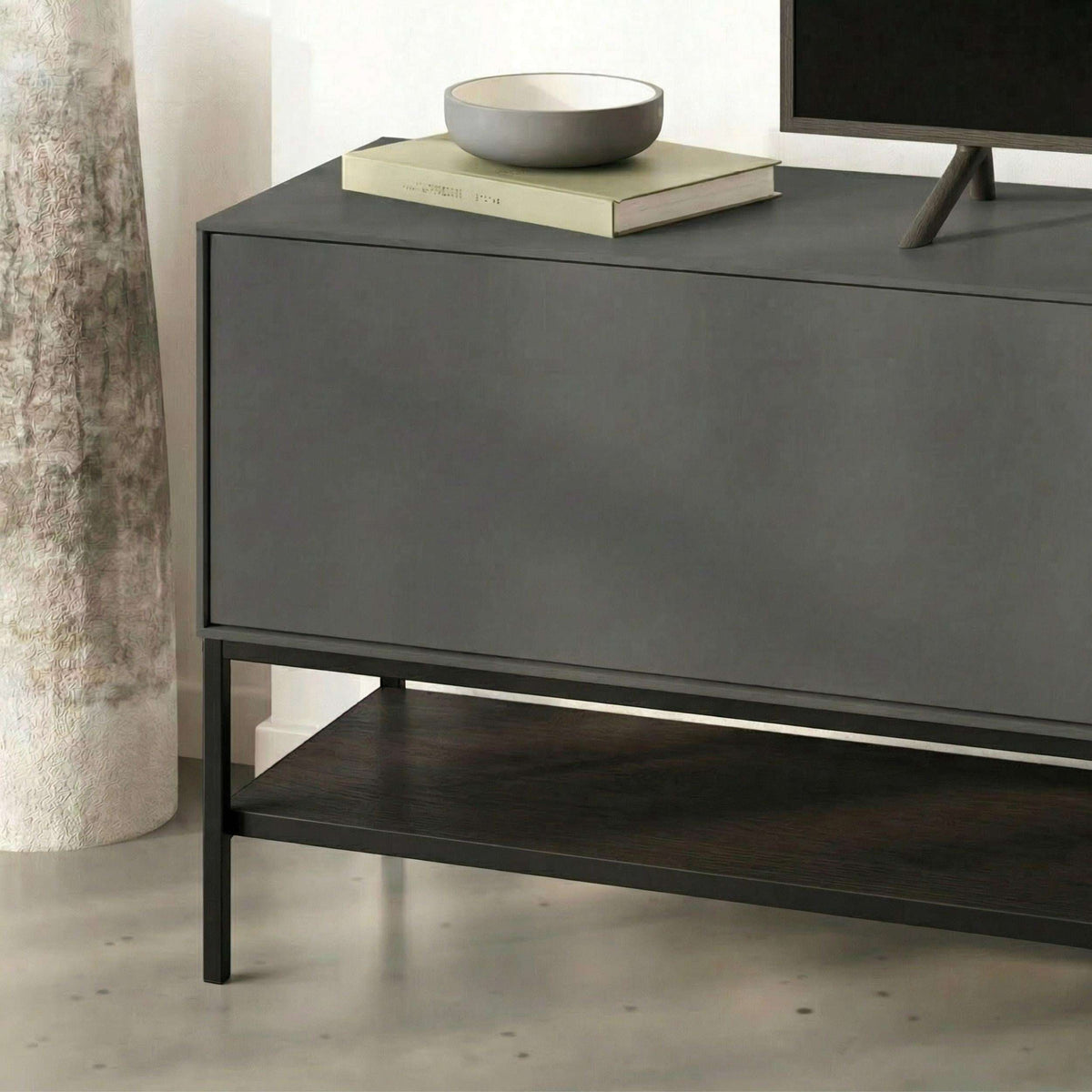 Modern TV stand with storage, dark grey cabinet with open lower shelf