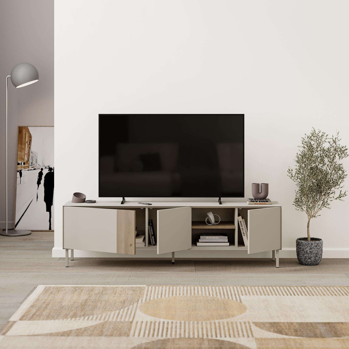 TV stand with two closed door compartments and open shelves, light wood frame