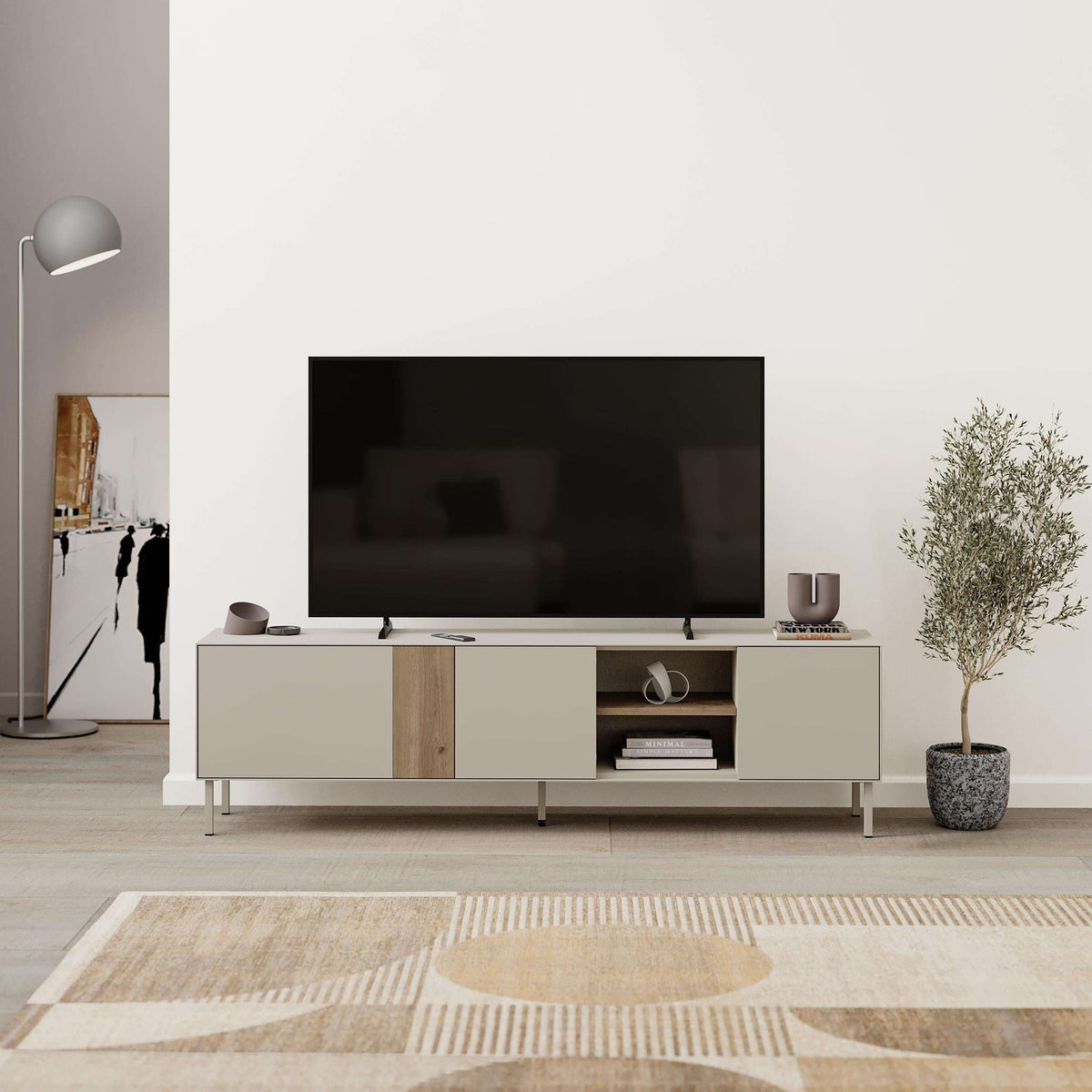 TV media unit with three-door design and open shelves, light wood with darker center panel