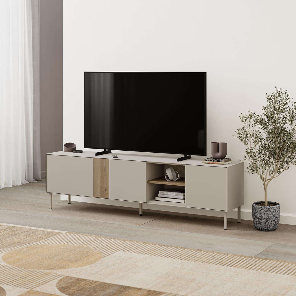TV unit with open shelves, light wood and white cabinet, three-door media storage