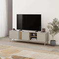 TV unit with open shelves, light wood and white cabinet, three-door media storage