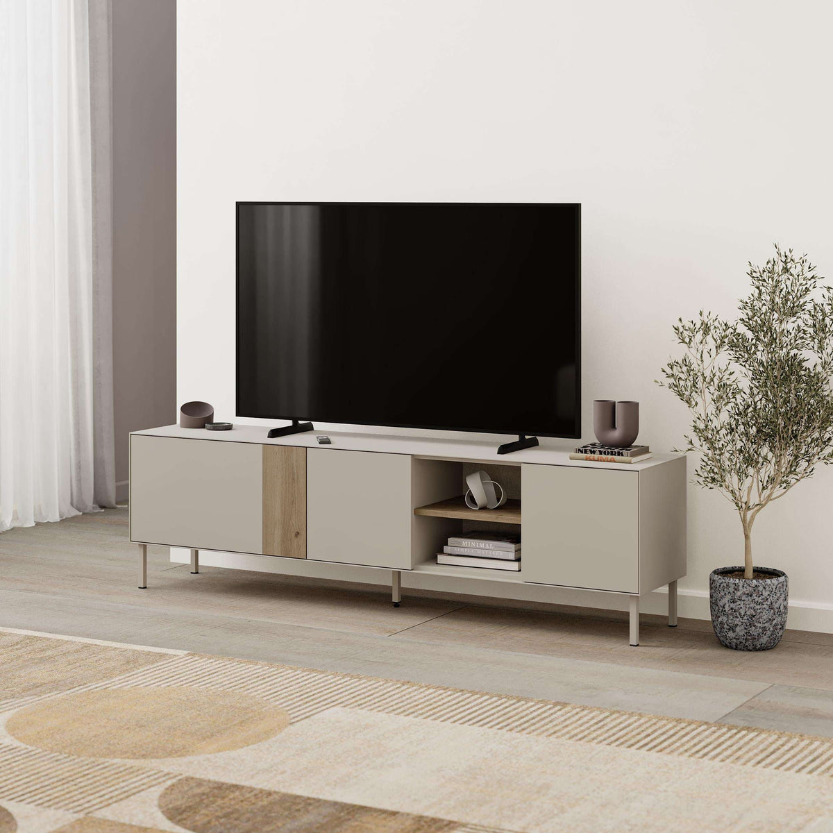 TV unit with open shelves, light wood and white cabinet, three-door media storage
