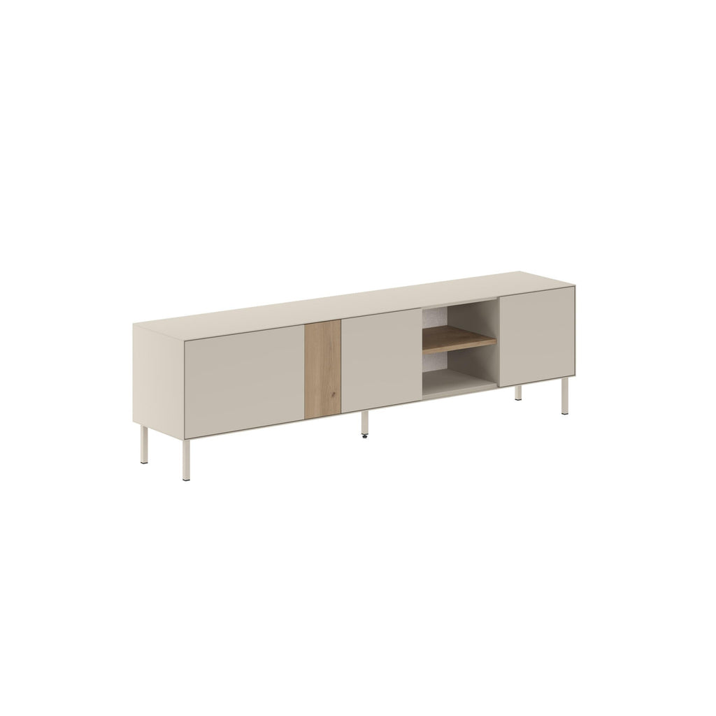 TV unit with open shelves, two-tone grey cabinet and light wood door fronts