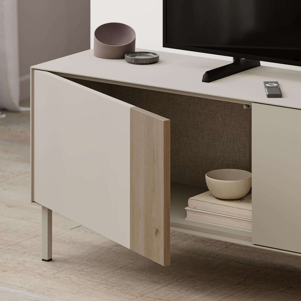 TV unit with open shelves, white door and light wood end panels, side view