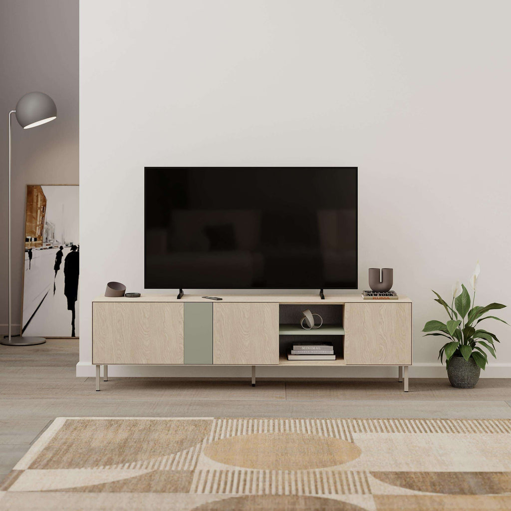 TV unit with open shelves and three doors, light wood cabinet and flat screen on top