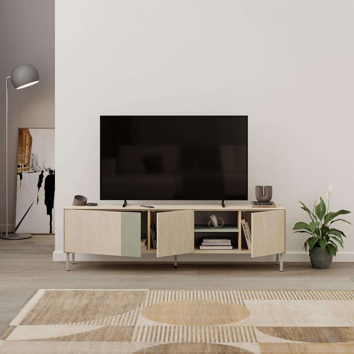 TV unit with open shelves and three doors, light wood finish, flat screen on top