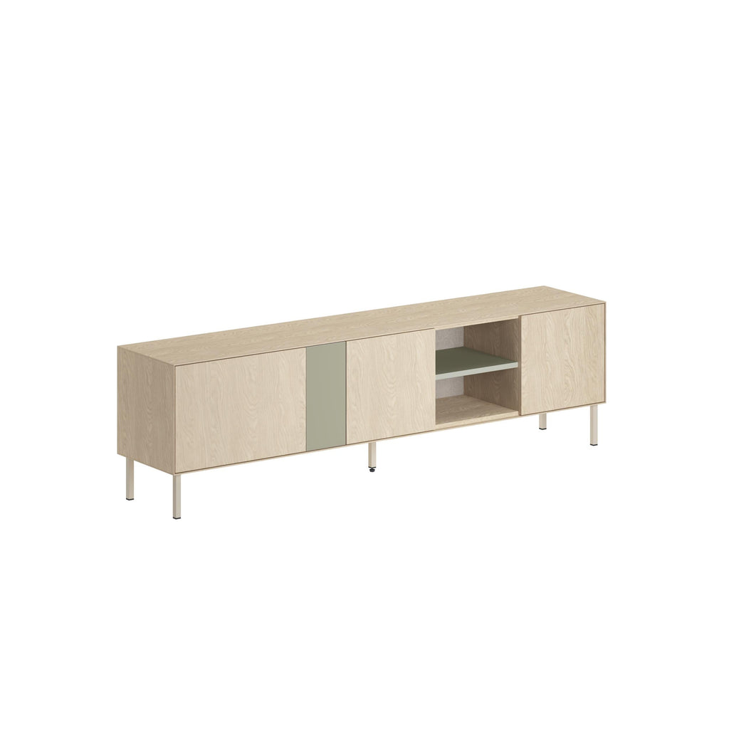 TV unit with open shelves, light wood sides, white doors, and ash green center strip