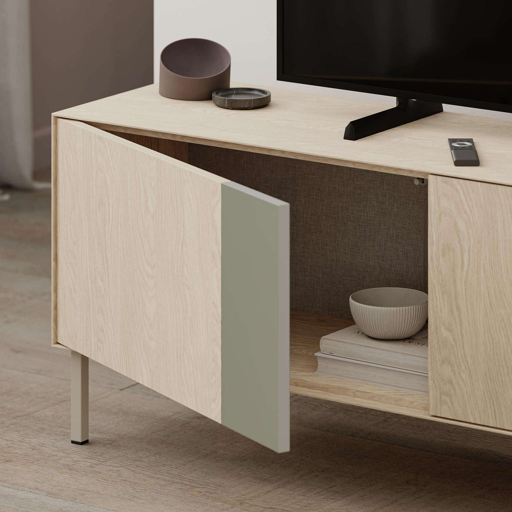 TV unit with open shelves, ash green center panel, white doors, and light wood ends