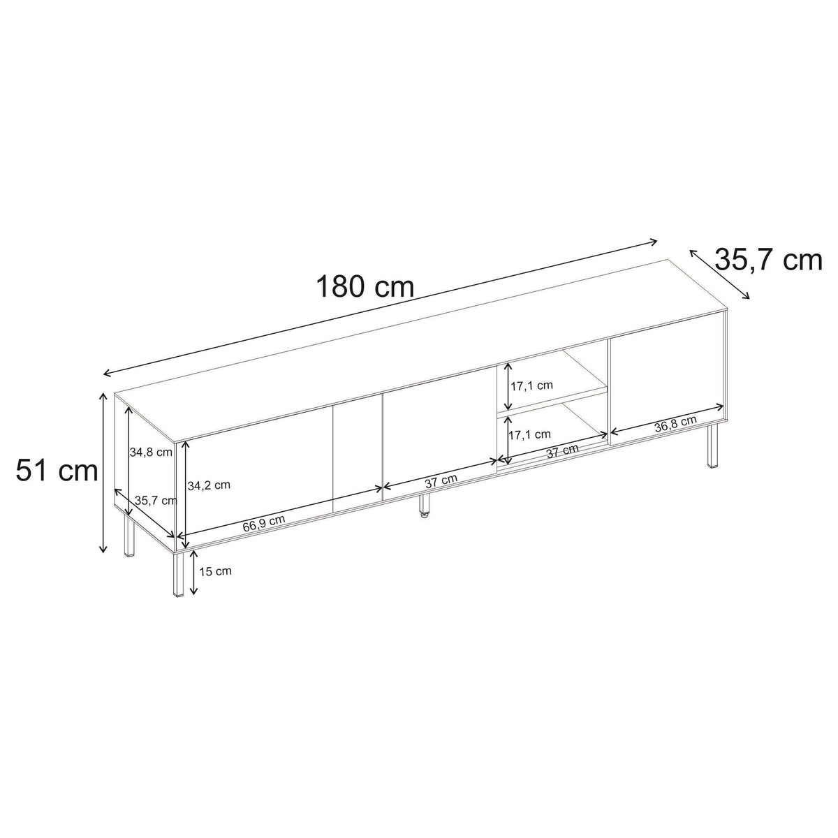 TV unit size diagram: 180 cm wide, 51 cm high, 35.7 cm deep