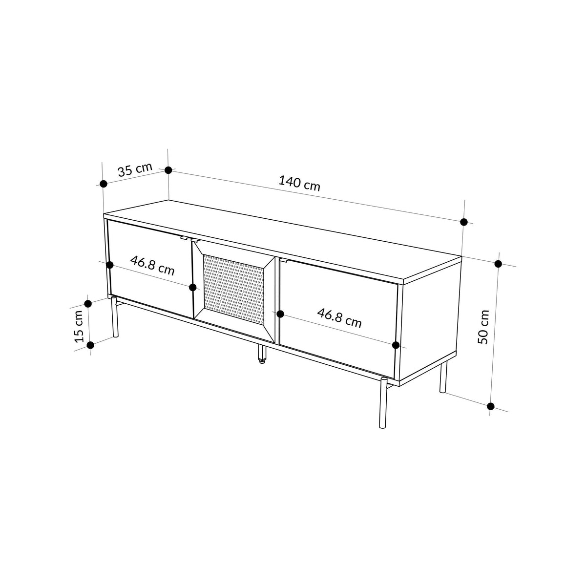 Dimensioned 140 cm TV stand diagram with laser-cut perforated center door