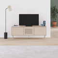 Sonoma oak TV stand with two side doors and laser-cut perforated center panel