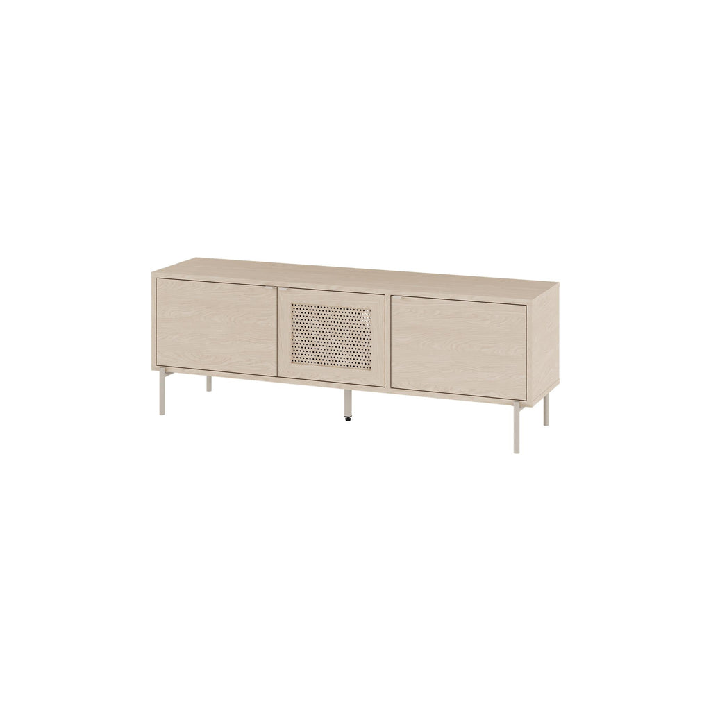 Sonoma oak modern TV stand with perforated center door and side storage cabinets