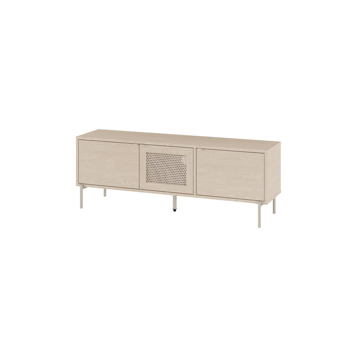 Sonoma oak modern TV stand with perforated center door and side storage cabinets