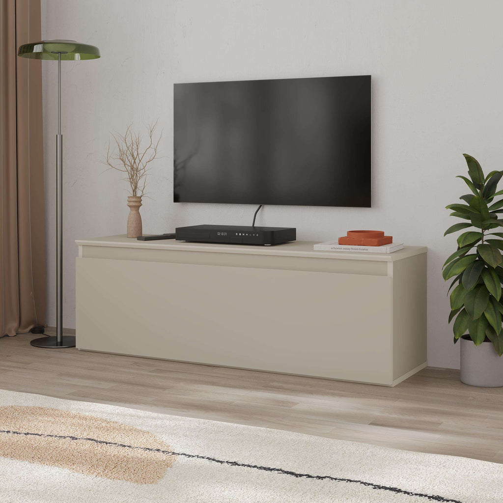 TV low board with storage in light finish, TV console with open shelving details.