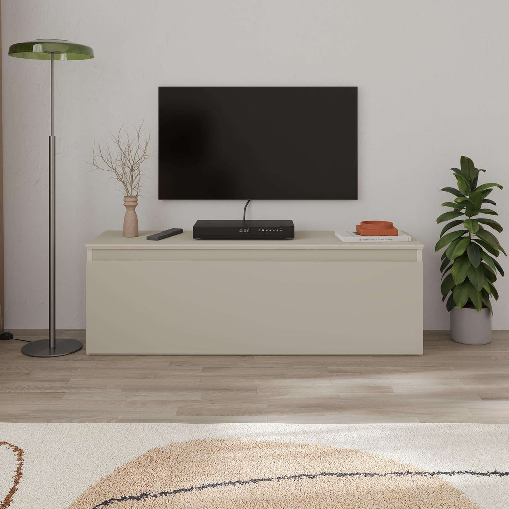 TV low board with storage in light finish, wide top for TV and media console.