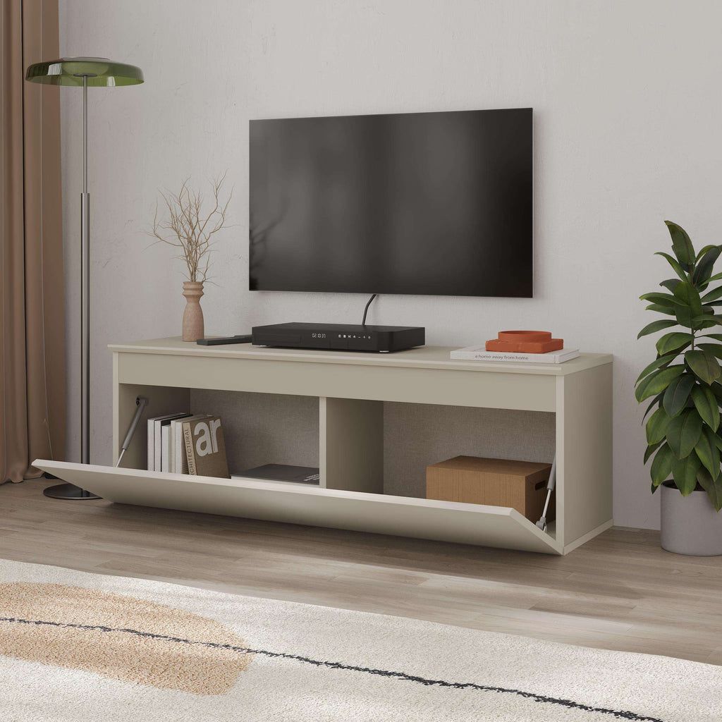 TV low board with storage, light cabinet with wide top and open shelf compartments.