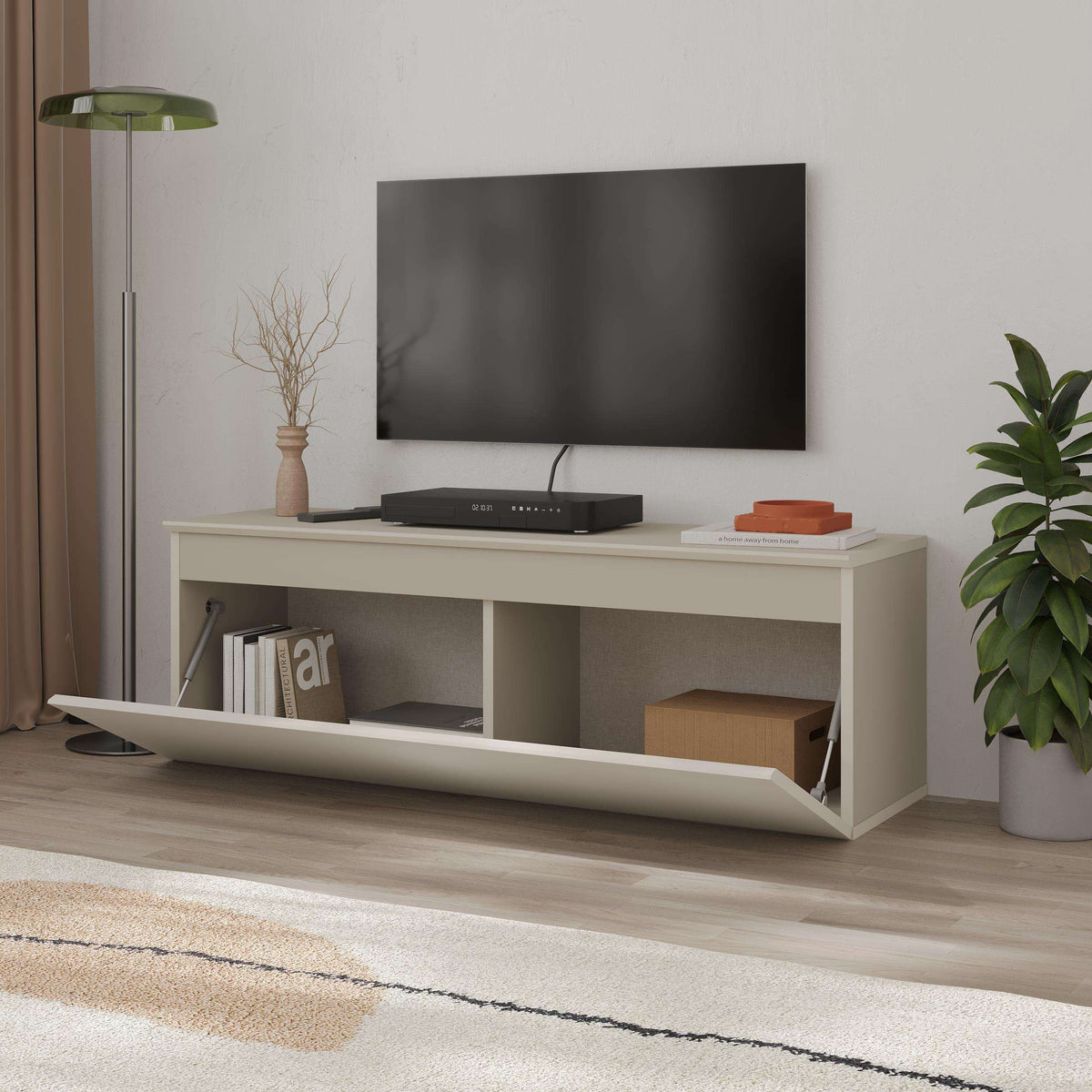 TV low board with storage, light cabinet with wide top and open shelf compartments.