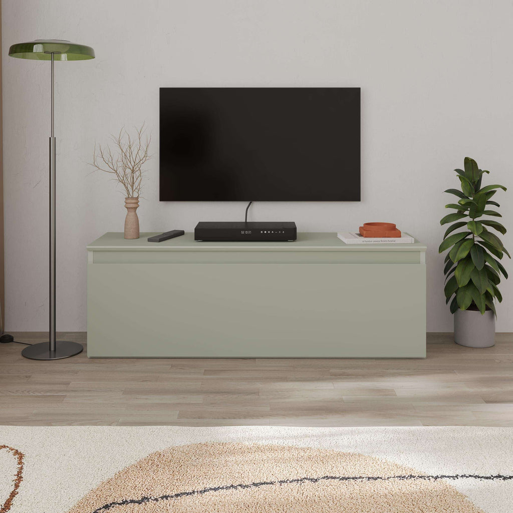 White TV low board with media shelves and TV console space on top