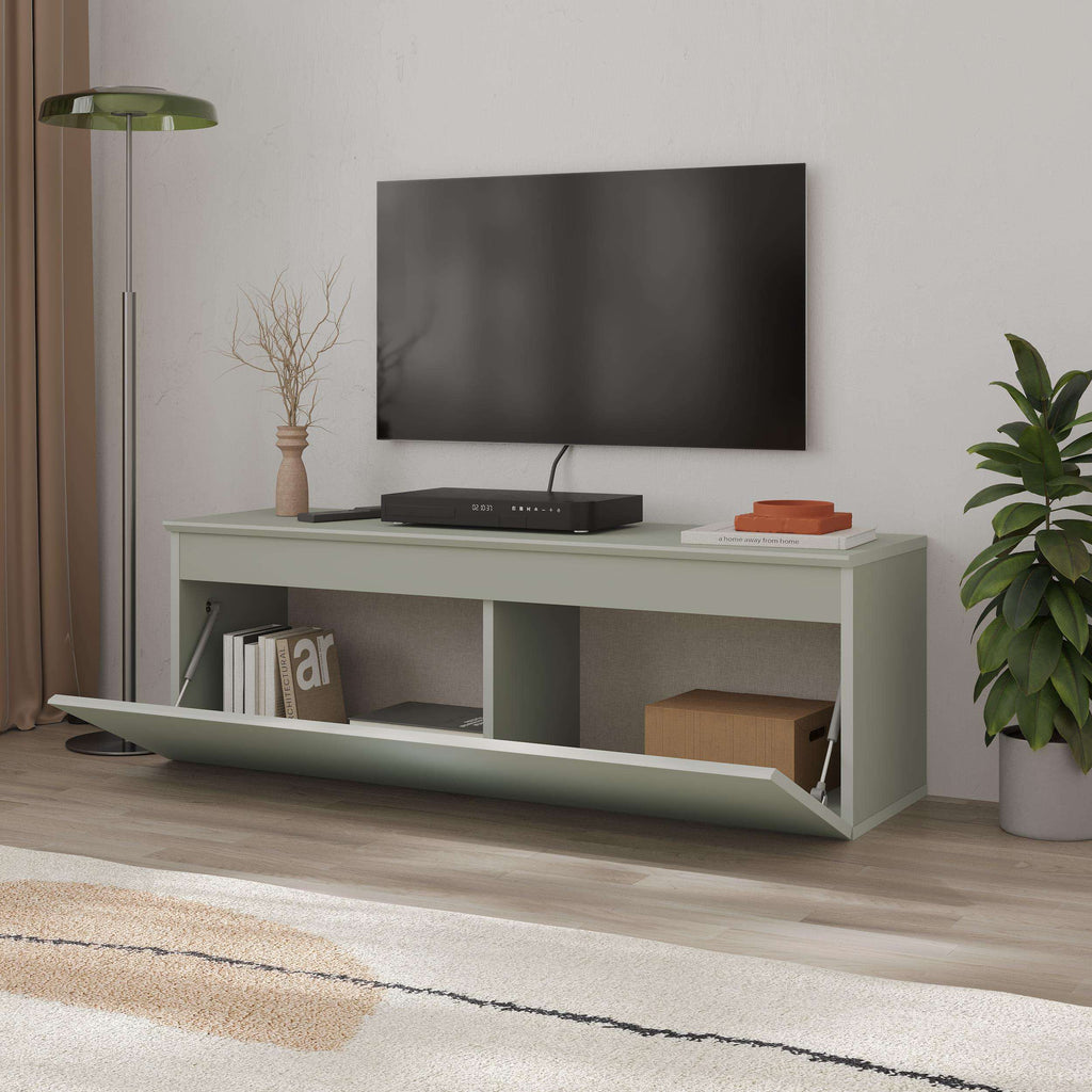 White TV low board with media shelves and central open storage panel
