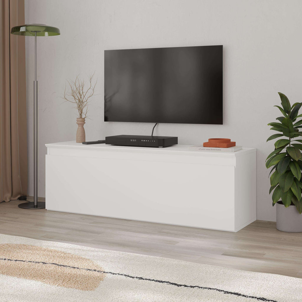 White TV low board with smooth cabinet front and media space on top