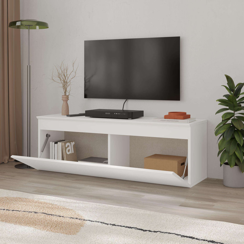 White TV low board with media shelves and central open storage panel