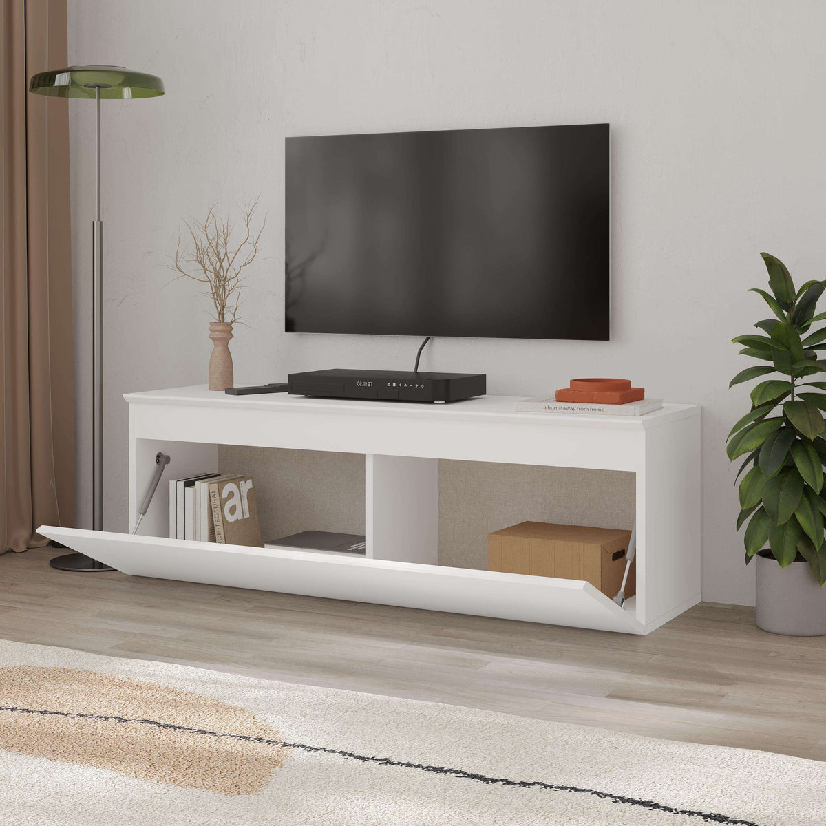 White TV low board with media shelves and central open storage panel