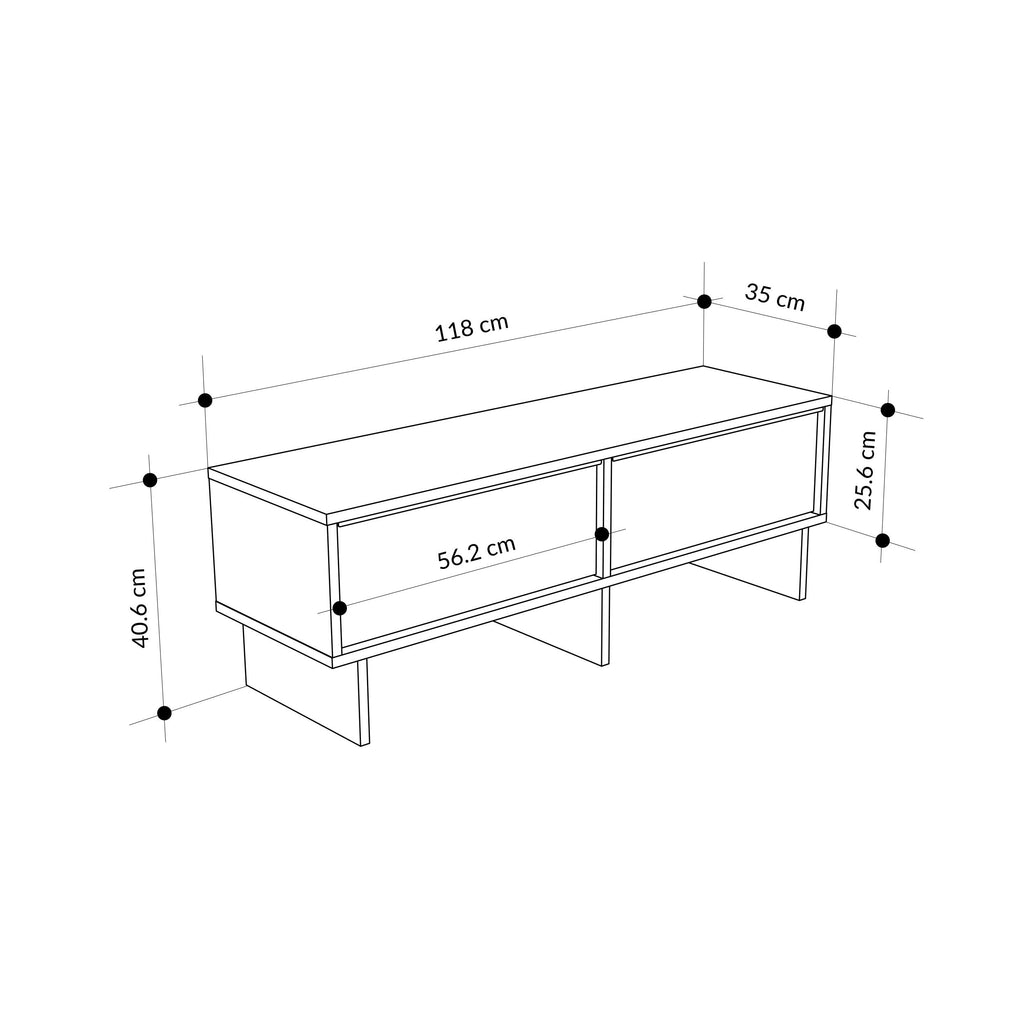 TV unit dimensions: 118cm wide, 25.6cm high, 35cm deep.