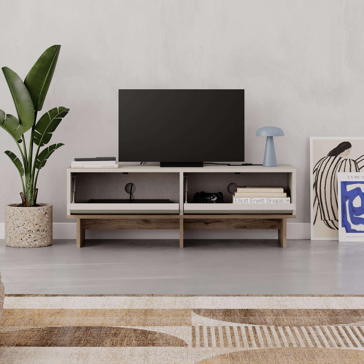 Sandstone TV unit with 2 drawers and open shelves, natural oak legs, media console.
