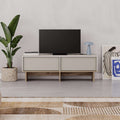 Sandstone TV unit with storage, 2 drawers and open center shelf, natural oak legs.
