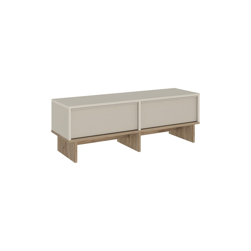 Sandstone TV unit with 2 side drawers and natural oak legs, low console.