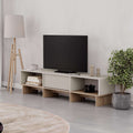 Yuki modern TV unit in sandstone with natural oak legs, open shelves and 1 drawer