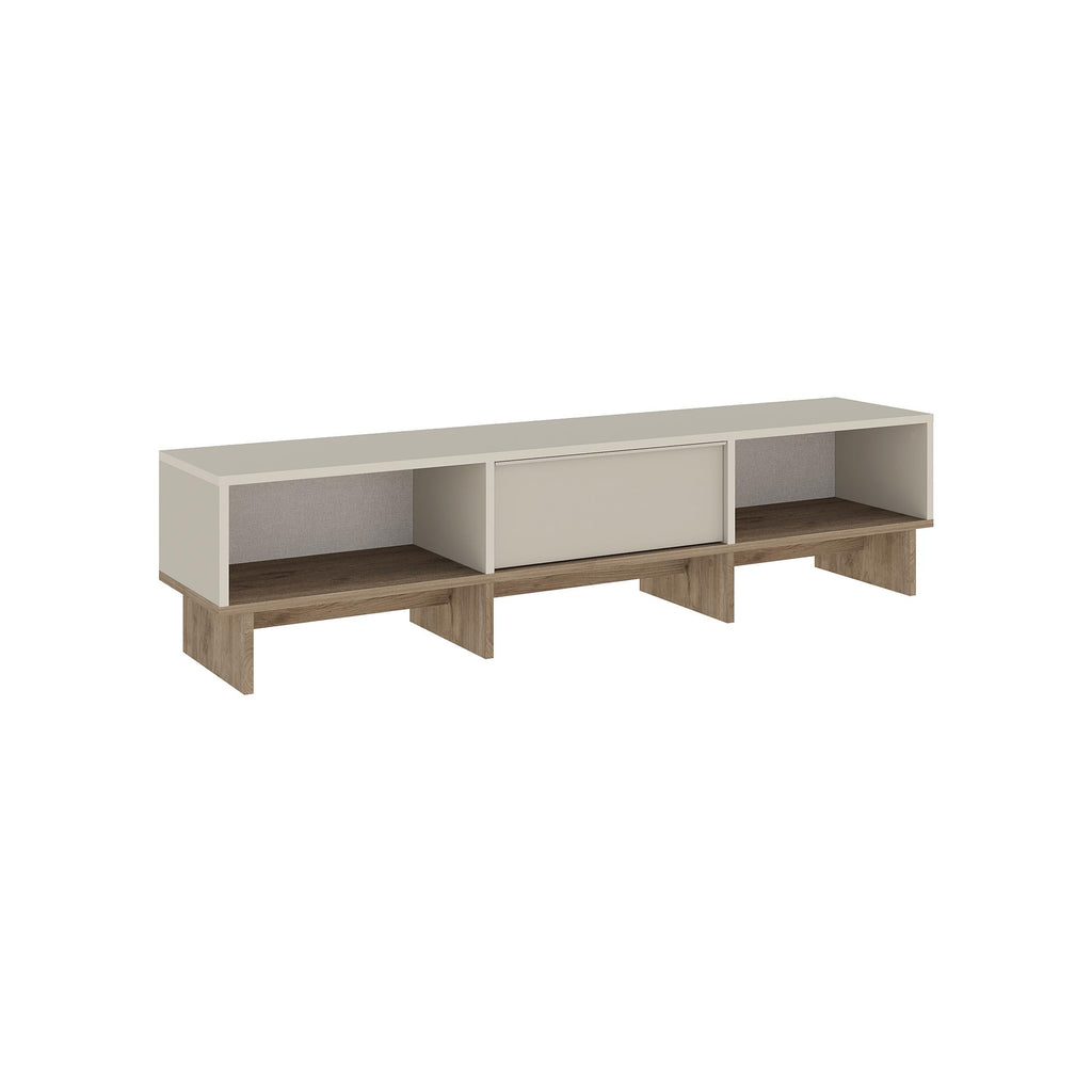 Yuki TV unit with sandstone top and natural oak sides, 2 open cubbies and drawers