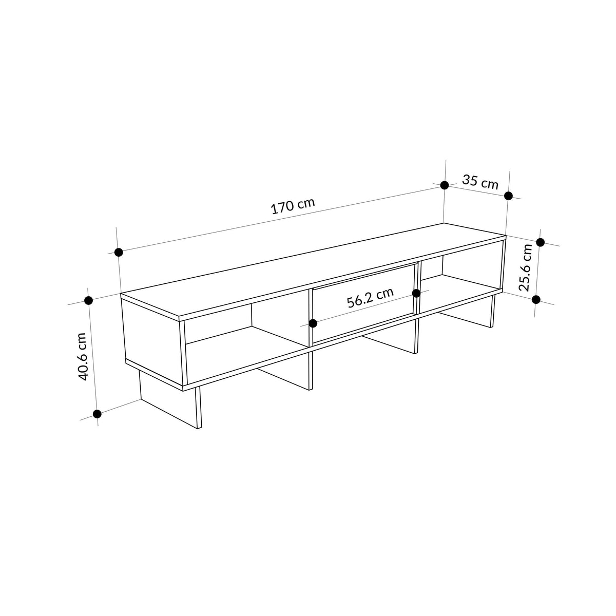 TV unit dimensions diagram: 170 cm wide with 40.6 cm height and 25.6 cm depth