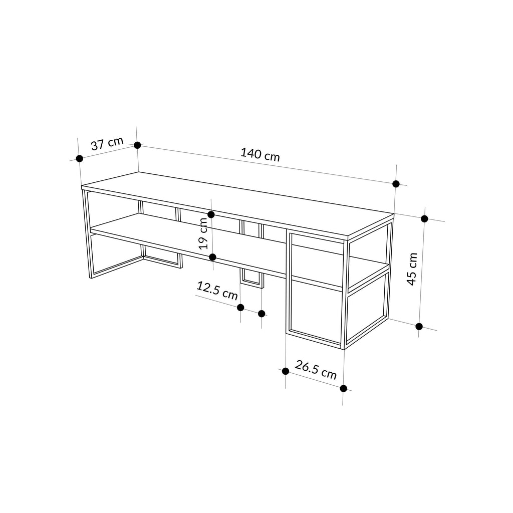 TV unit size diagram showing 140 cm width and overall dimensions